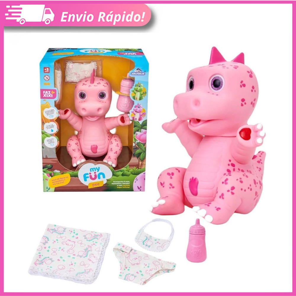 Boneco Brinquedo Dinossauro Faz Xixi Rosa + Mamadeira Fralda e Babador
