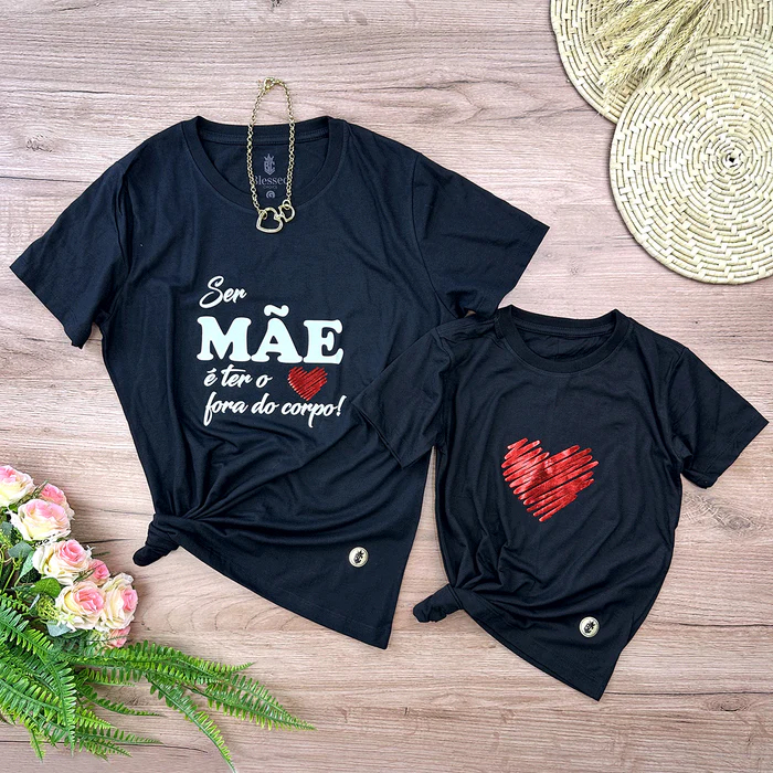 Kit Conjunto Camiseta Preta T-Shirt Mãe e Filho A
