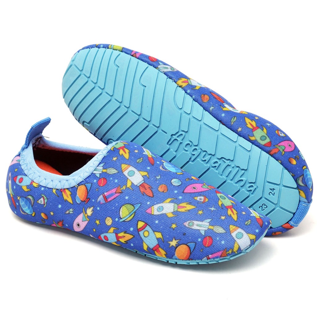 Sapatilha agua infantil sapatilha aquatica infantil sapatilha neoprene calce facil foguete azul