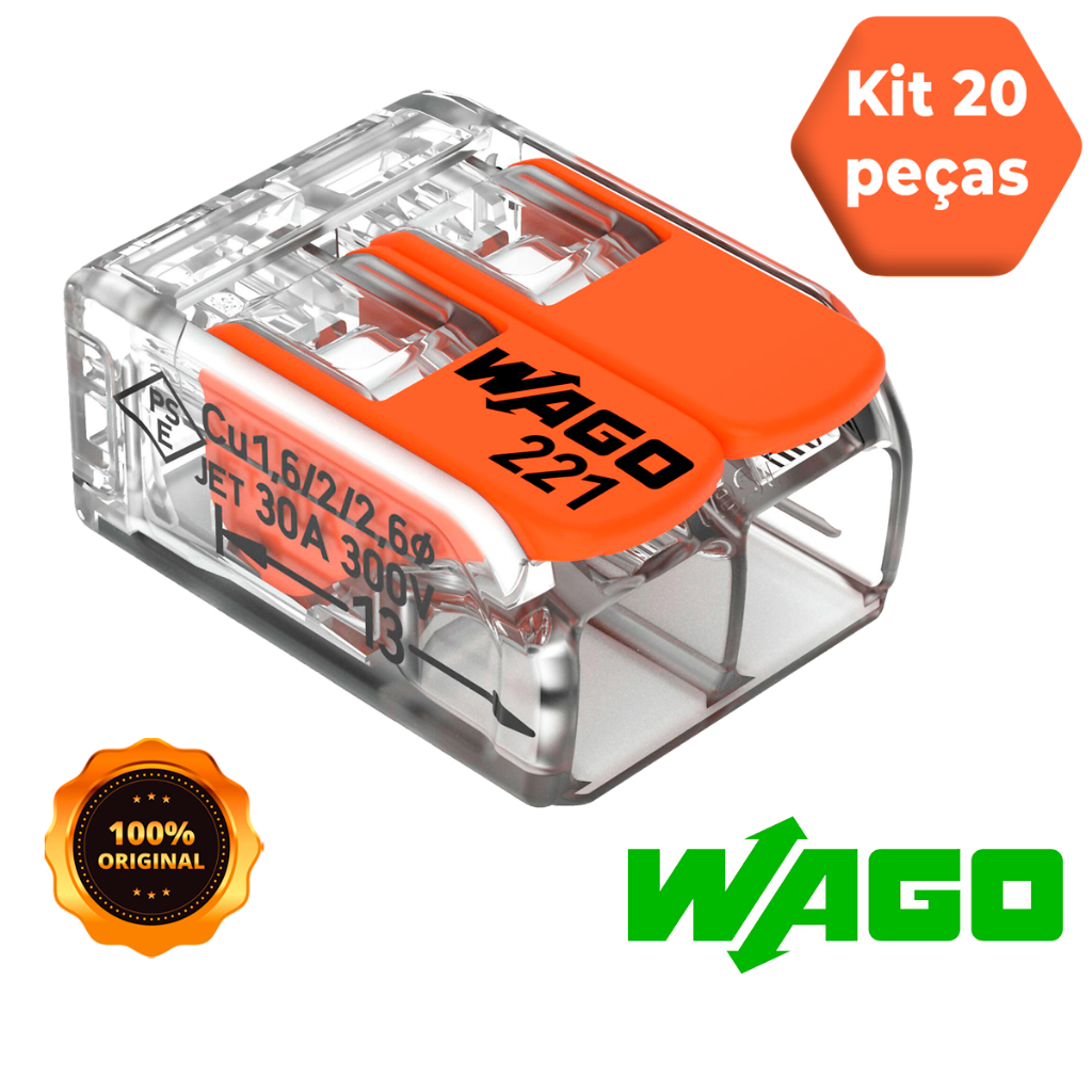 Conector de Fio Elétrico Wago 221-612 Wago Emenda Chuveiro 6mm 41A Conexão Automática Kit 20 Peças