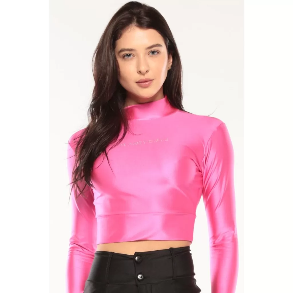 Blusa Feminina Up Glam Logo em Strass e Dedeira Planet Girls Rosa Escuro