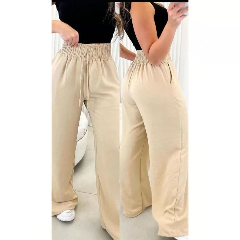 Calça Pantalona Verão 2026 Tendencia Feminina Com Bolso Cos Alto Praia Saida de Praia