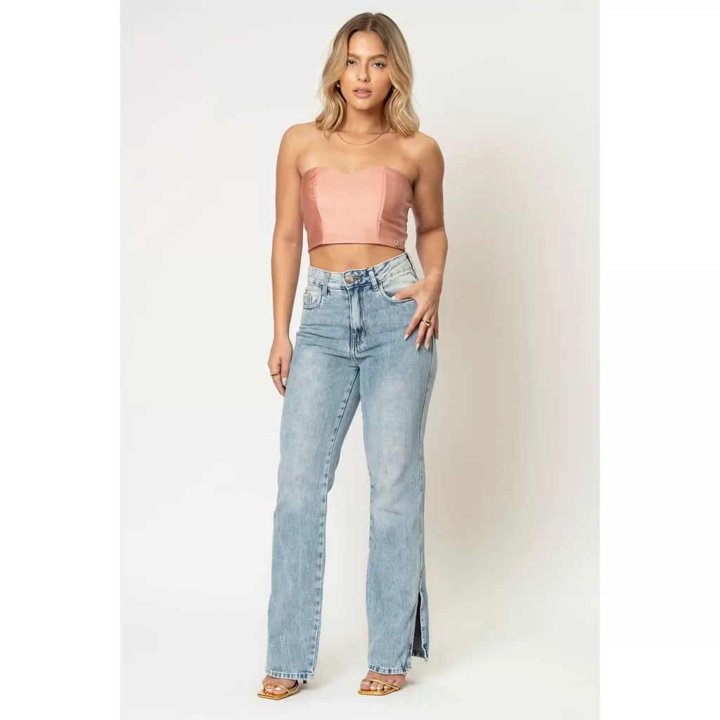 Calça Jeans Feminina Com Fenda Planet Girls Jeans Médio