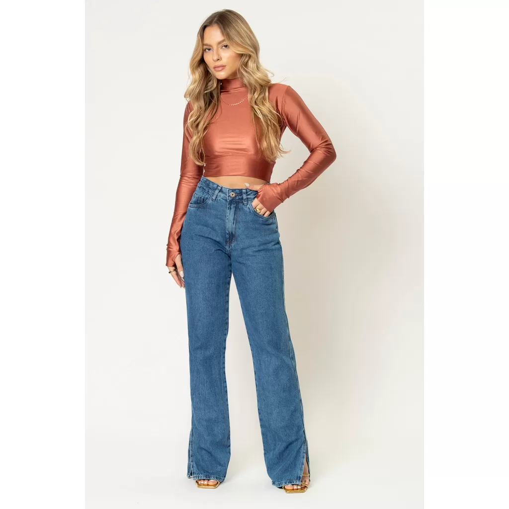 Calça Jeans Feminina Com Fenda Planet Girls Jeans Escuro