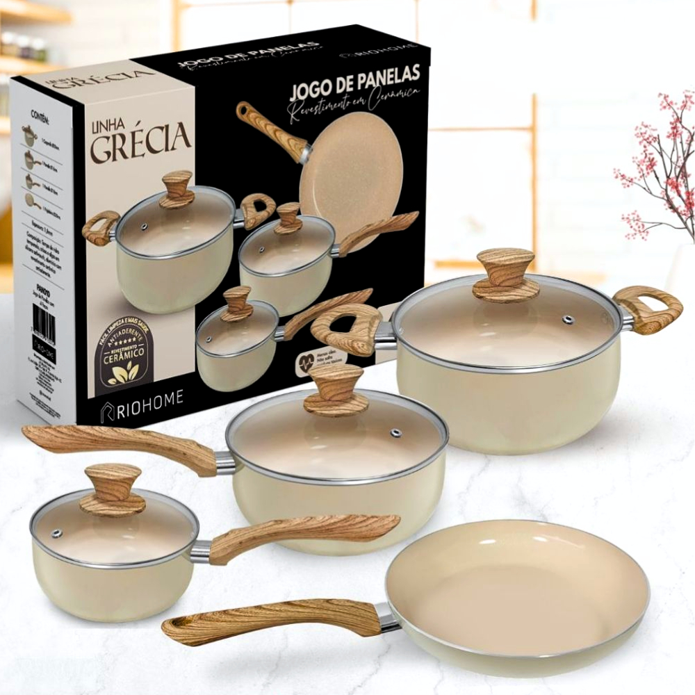 Jogo de Panelas Kit 4 Pçs Antiaderente Cerâmica Tampa Vidro Frigideira Não Usa Óleo Não Gruda