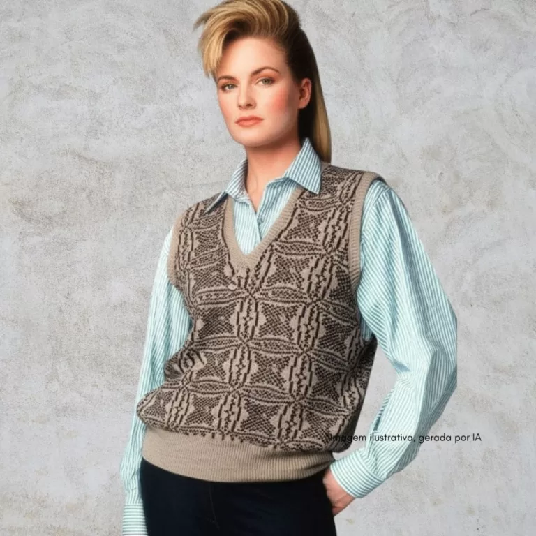 colete tricô estampado tons de marrom vintage ano