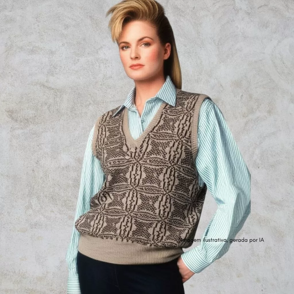colete tricô estampado tons de marrom vintage anos 70