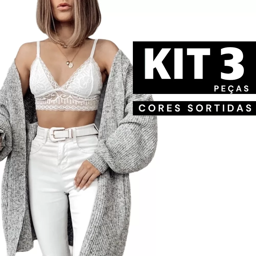 Kit 1 à 3 Sutiã Sem Bojo em Renda Cropped Lingerie Feminina Confortável Ajustável Respirável Barato