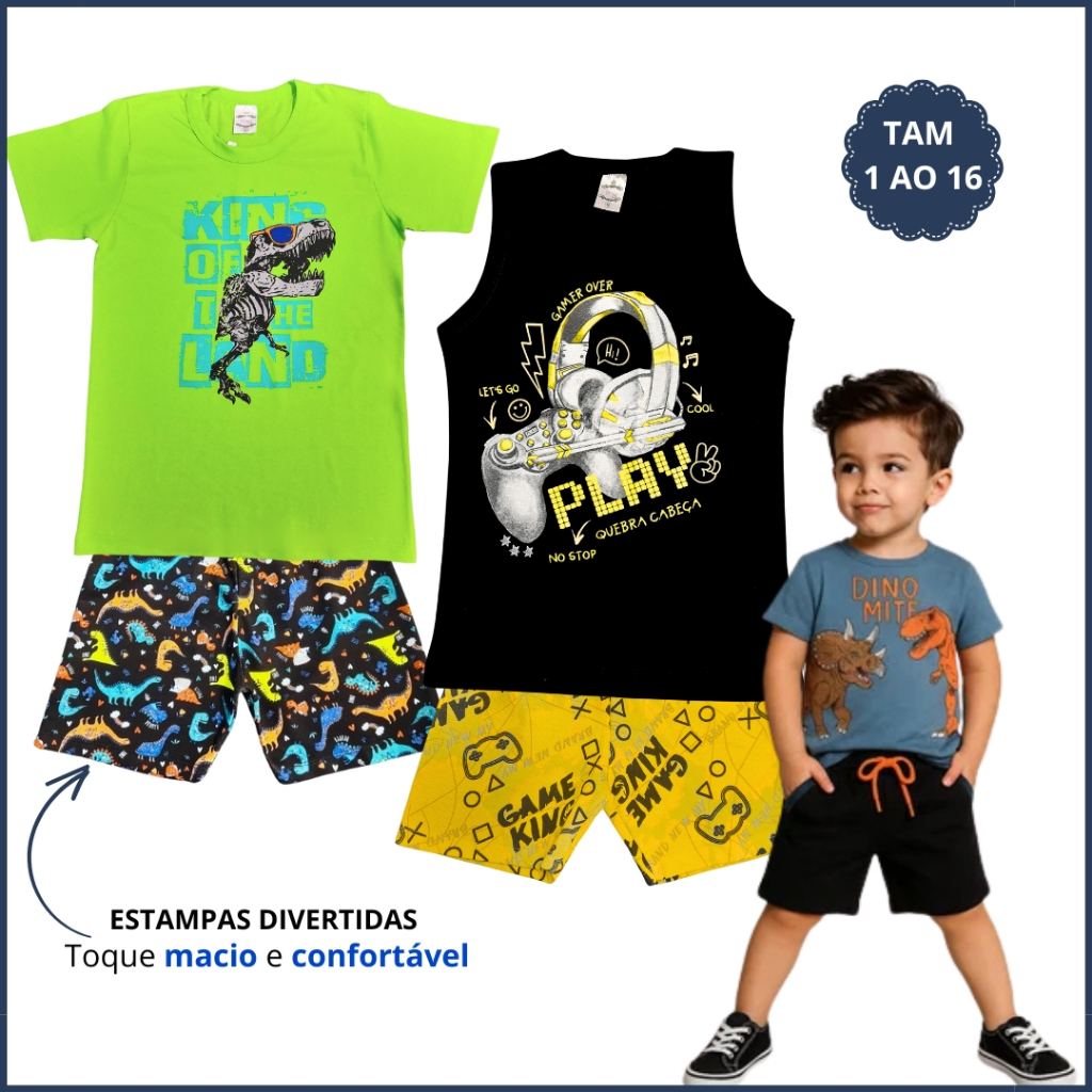 Kit 4 Peças Infantis Menino Verão Conjunto Infantil Masculino Calor 2 Camisa Regata 2 Bermuda 1 a 16
