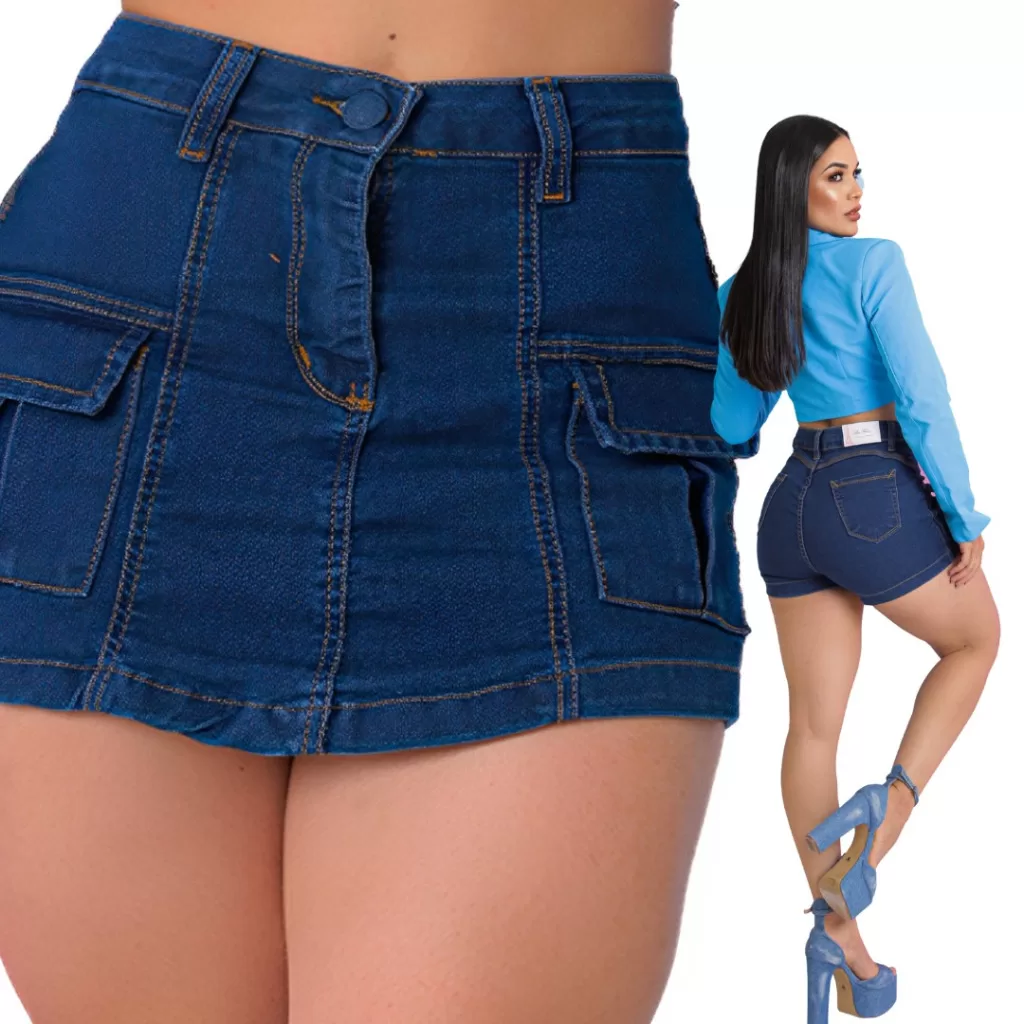 Short Saia Jeans Com Lycra Cargo Feminina Cintura Alta Levanta Bumbum