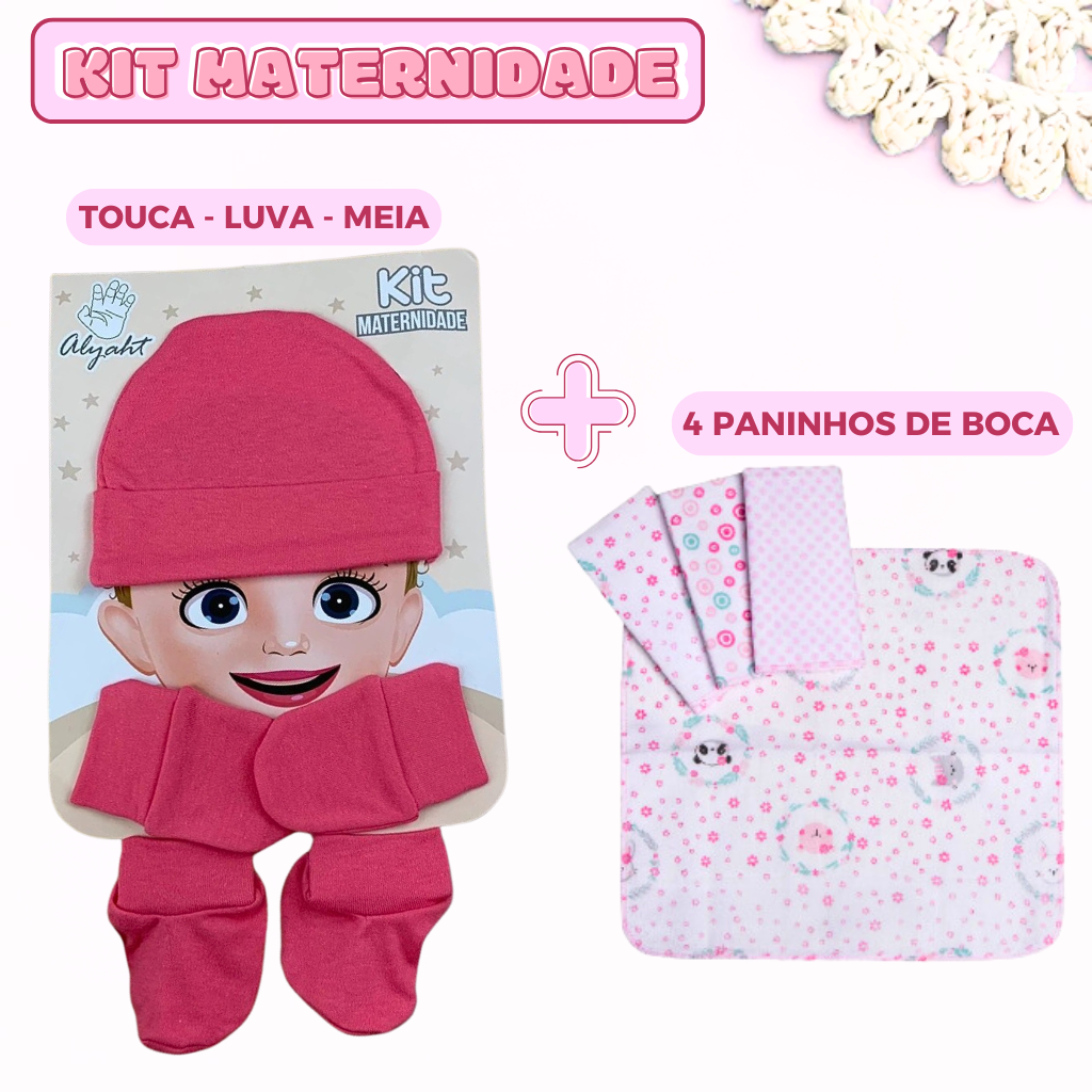 Kit Maternidade Touca Luva Meia + 4 Fralda de Pano Paninho de Boca
