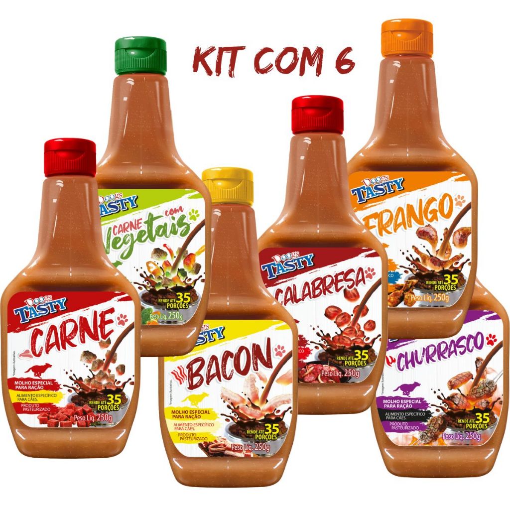 kit 6 Molhos para Ração Tasty Sabores para Cachorros 250g Sabor Sortido