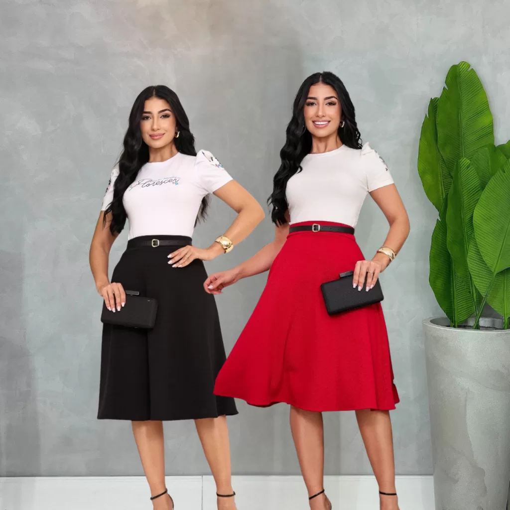 Kit Saia Godê Moda Evangélica Crepe de Malha com Cinto