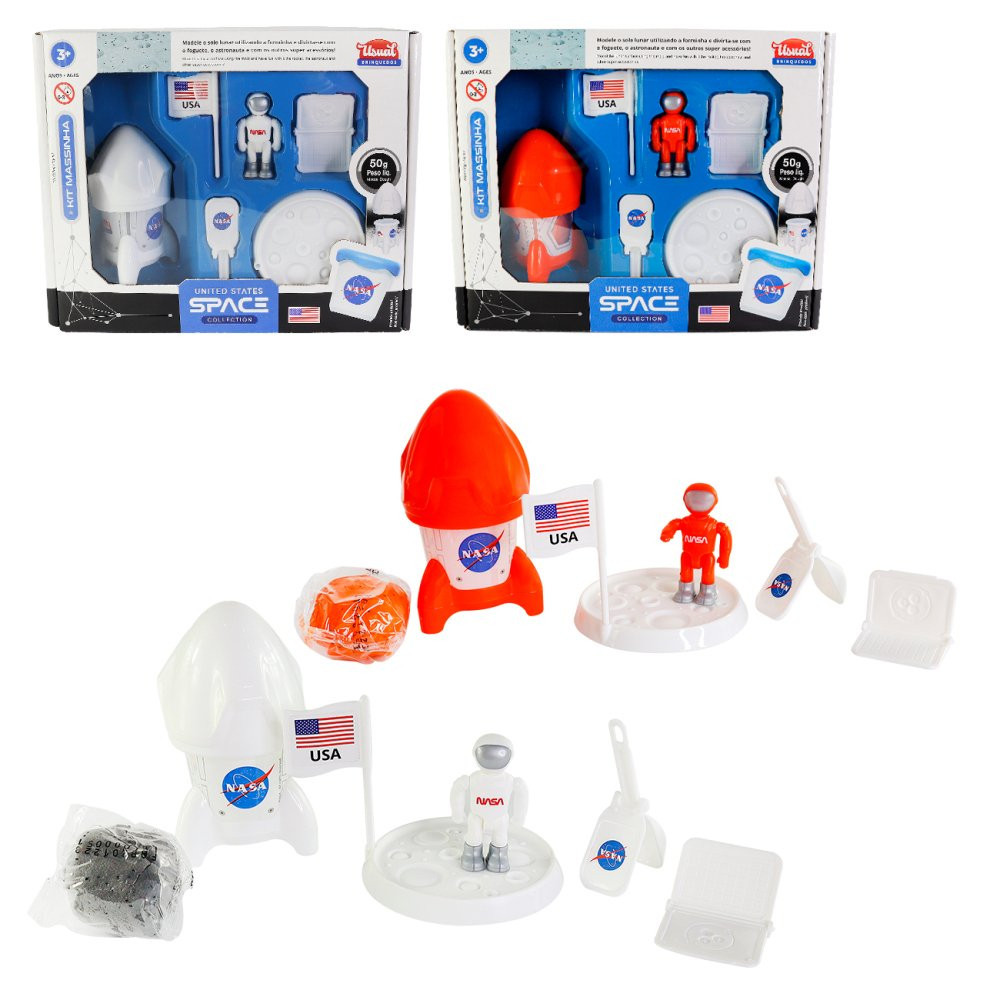 Kit Nasa com Astronauta, Foguete e Solo Lunar de Massinha modelar