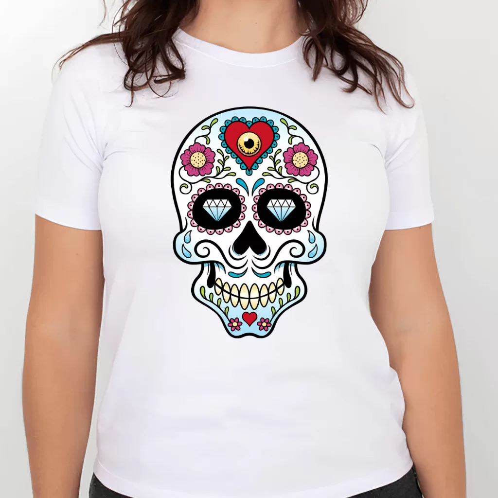Camiseta Caveira Mexicana Flores Azul
