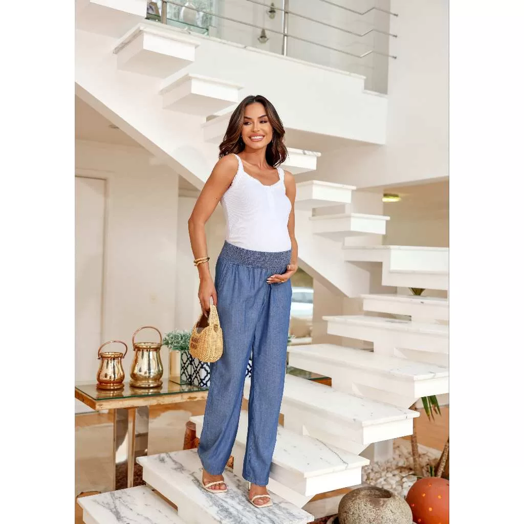 Calça Jeans Gestante Cós Lastex Flexivel