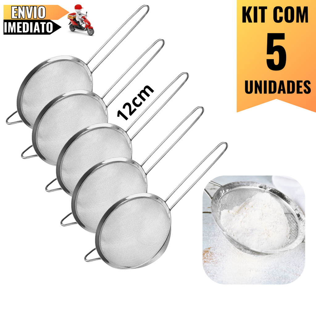 Kit com 5 Peneiras 12cm em Aço Inox  Resistência e Qualidade para Restaurantes, Buffets e Cozinhas