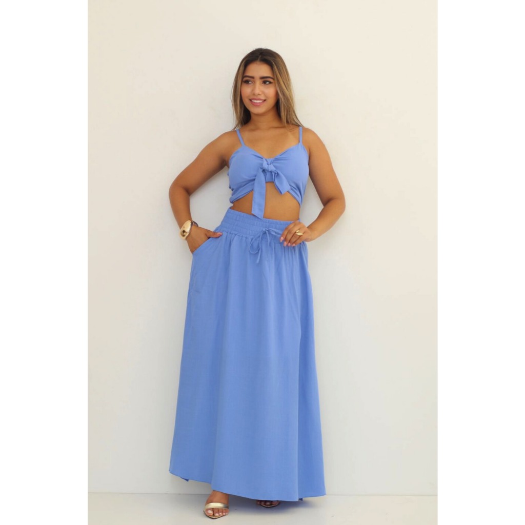 Conjunto Viscolinho Cropped + Saia Longa Forrada/ Com Bolso e Abertura Nas Laterais Luxo Elegante Im