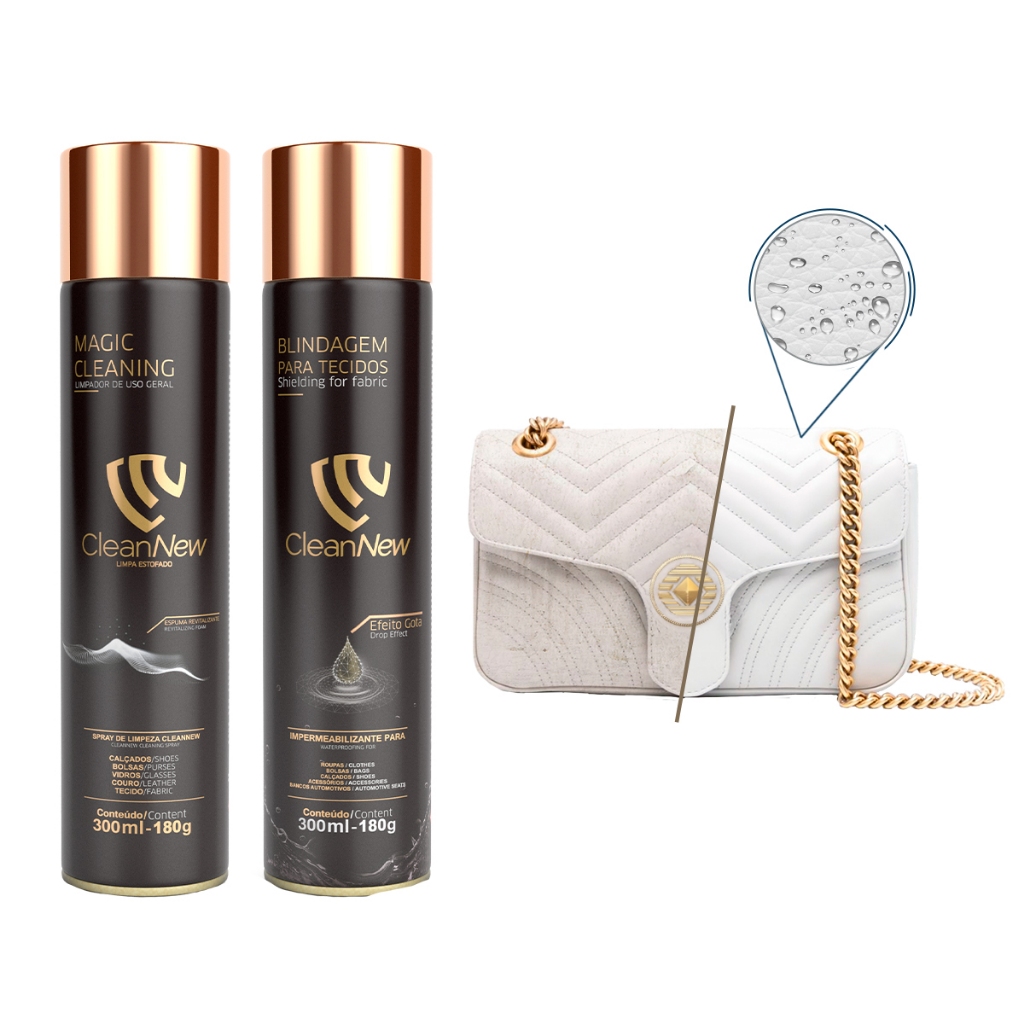 Kit Solução Completa Espuma de Limpeza + Impermeabilizante de Tecidos Fator UV Bolsas Sapatos Cinto