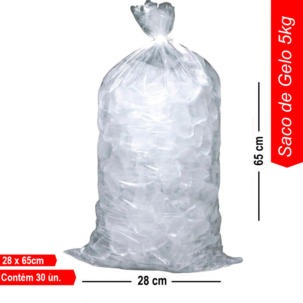 Saco para Gelo 5kg Reforçado Embalagem Transparente 28x65cm Contém 30 Embalagens