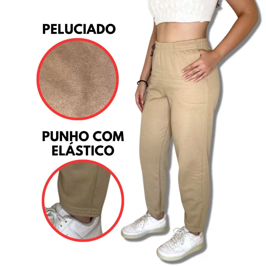 Calça feminina moletom Leve jogger peluciado flanelado inverno casual social com bolso plus size