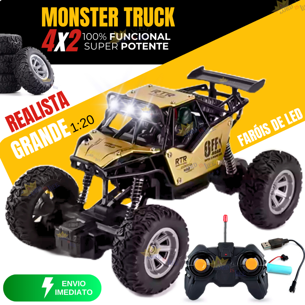 Carrinho De Controle Remoto Monster Truck Grande Com Luz 4×4 Off Road – Brinquedo Menino