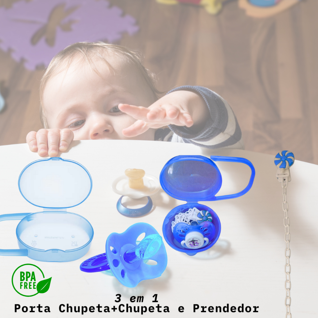 kit 3 peças 1 Porta chupeta +1 Chupeta +1 Prendedor