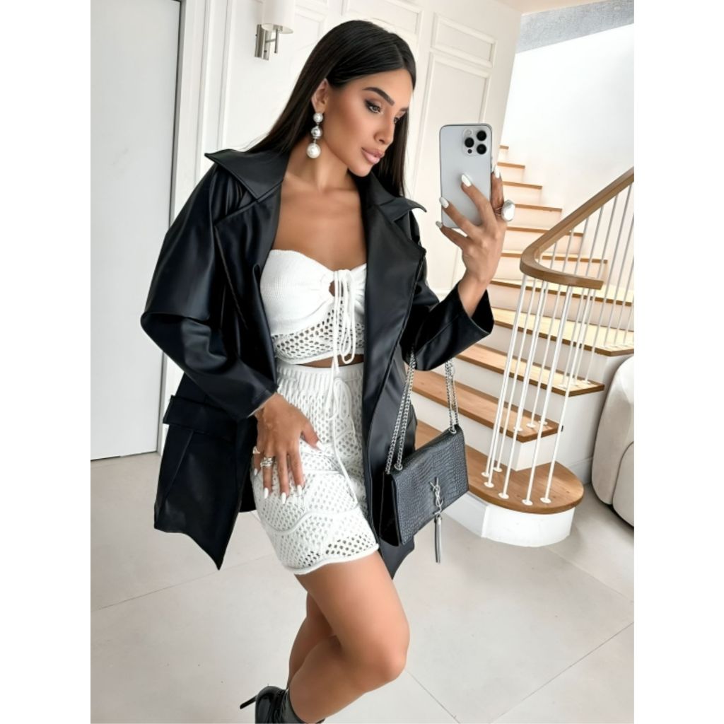 Jaqueta Longa Feminina Couro Fake Courino Elegante Preta Casual