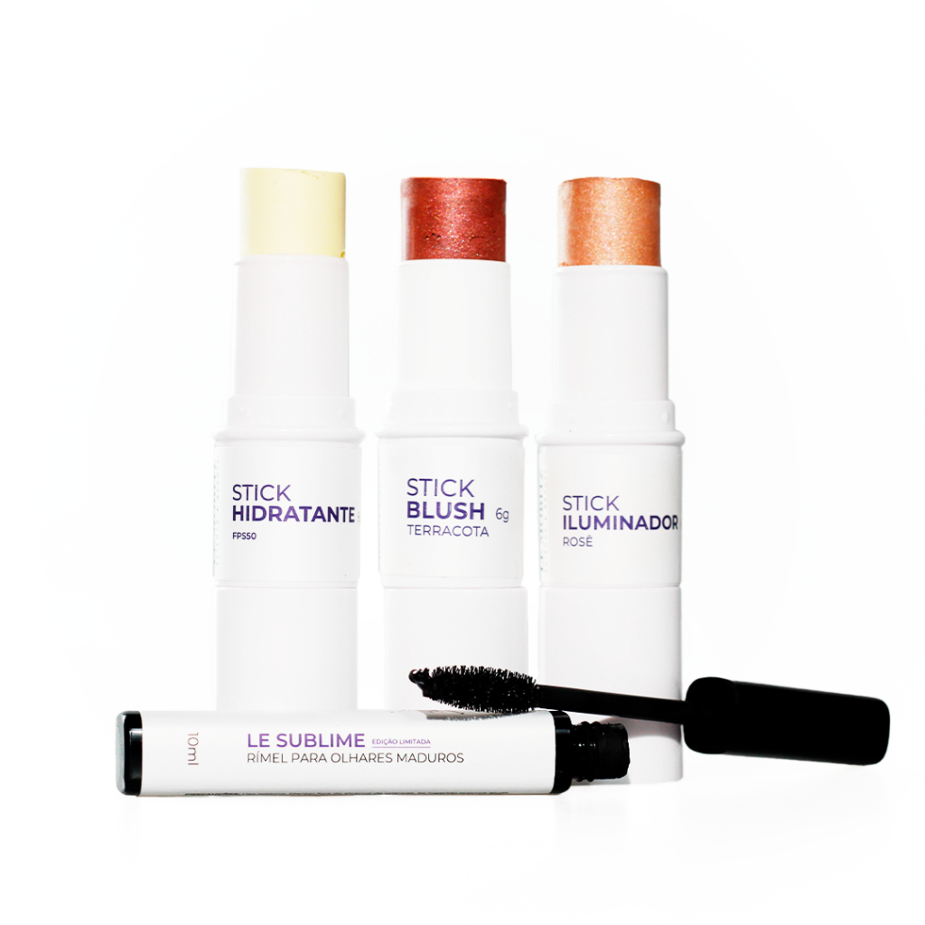Kit com Brinde para Pele e Olhos em Bastão Blush, Iluminador e Hidratante com FPS50 Brinde Pincel