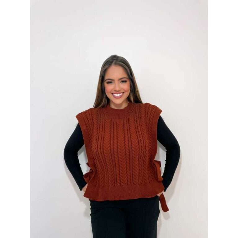 Colete Feminino Tricot Trançado de Amarrar Moda F