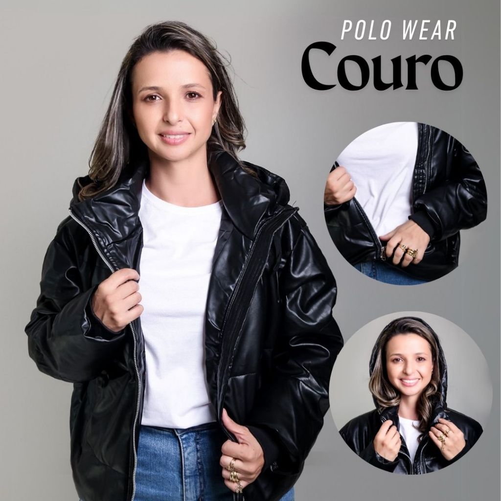 Jaqueta Feminina de Frio Puffer Couro Polo Wear Preto com Capuz e Zíper – Blusa de Frio Couro de Alt