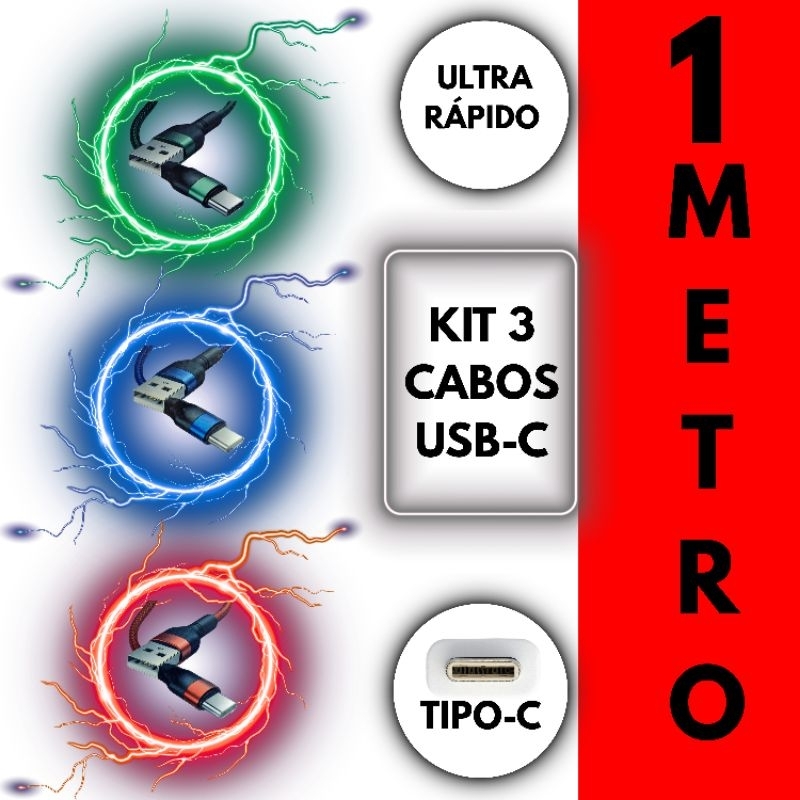 KIT 3 CABOS USB TIPO-C BASIK 1 METRO REFORÇADO CABO FORTE