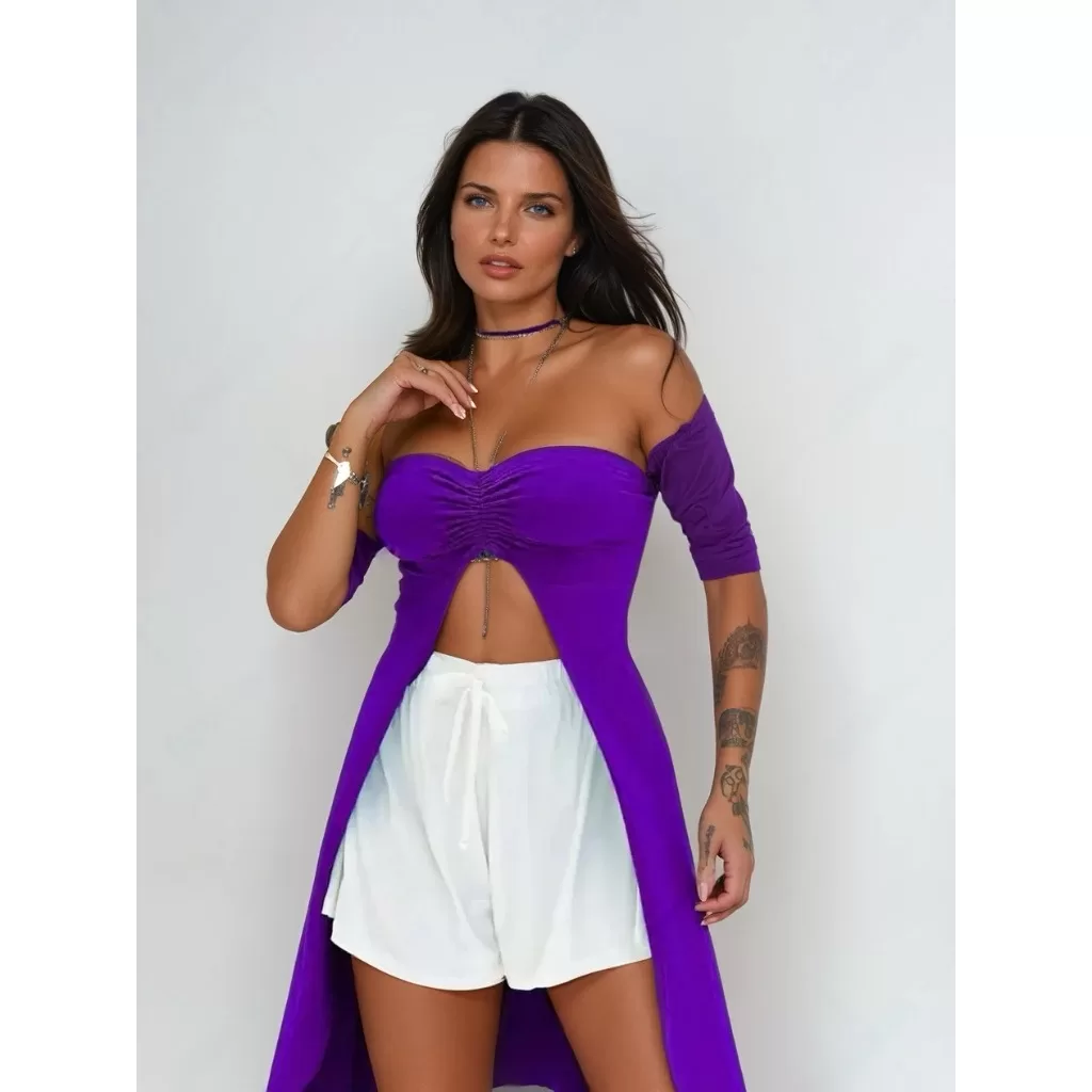 Bata Feminina Longa Viscolycra com Fenda  Tamanho P/M  Roxa – Queima de estoque