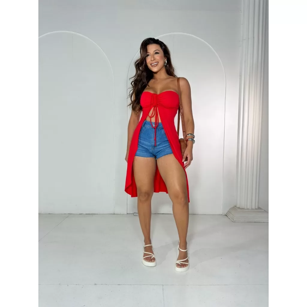 Bata Feminina Longa Viscolycra com Fenda  Tamanho P/M  Vermelho – Queima de estoque