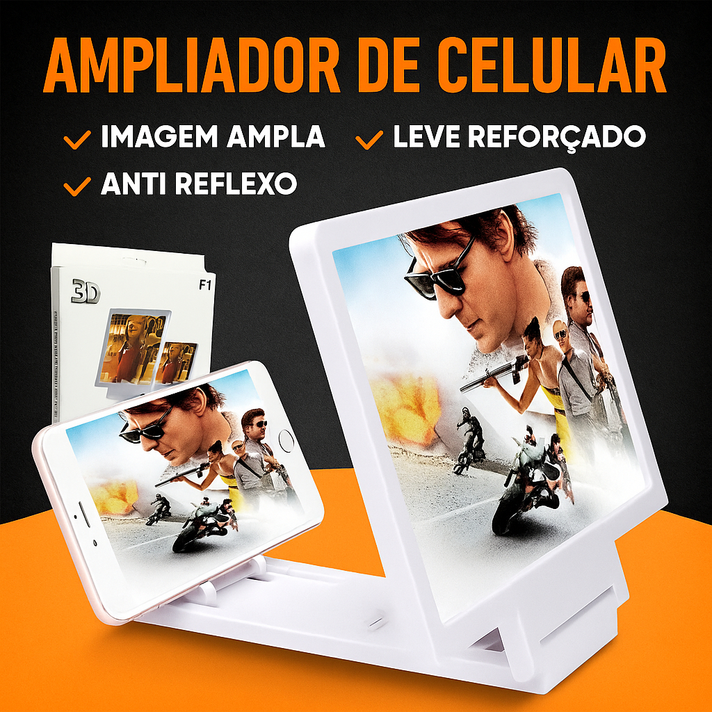 Tela de Aumento 3D para Celular Imagem Ampliada, Mais Conforto e Suporte Dobrável
