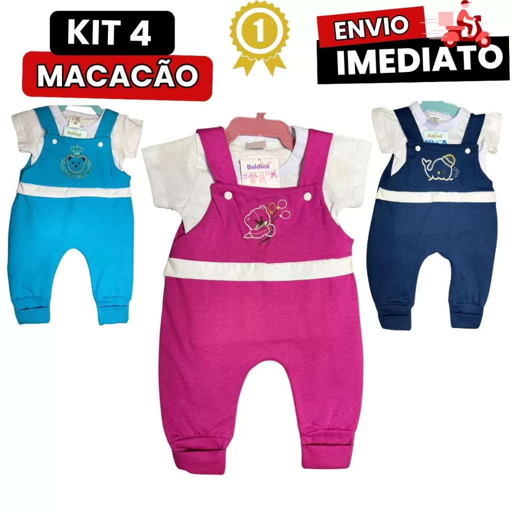 Kit 4 Macacão Jardineira Com Camiseta Bebe Premium Infantil GR170