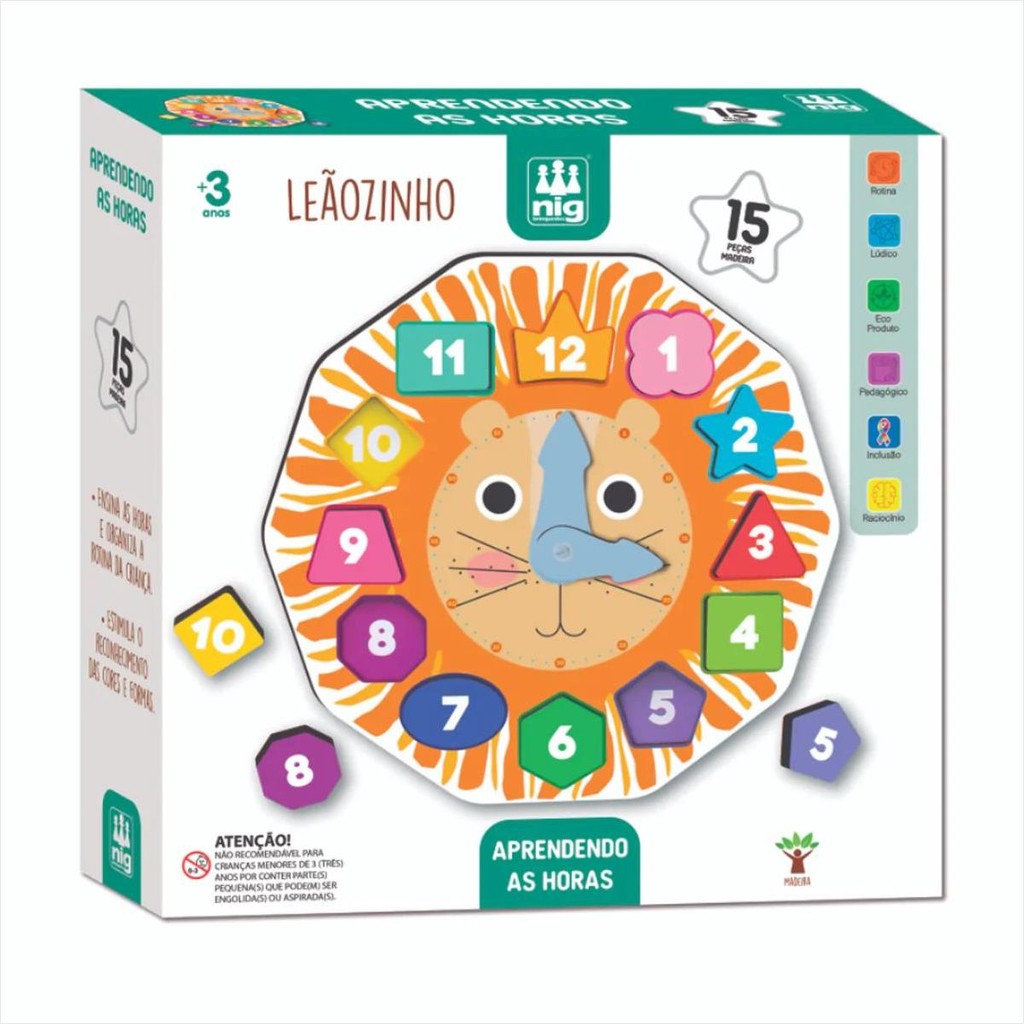 Brinquedo Educativo Relógio Didático Leãozinho NIG Aprendendo as Horas Infantil Pedagógico 3+ Anos
