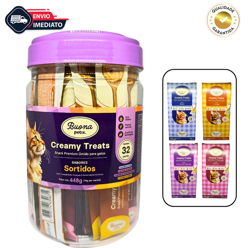 Petisco Buona Petix Creamy  Sachês para Gatos Sabores Variados 32un Envio Imediato