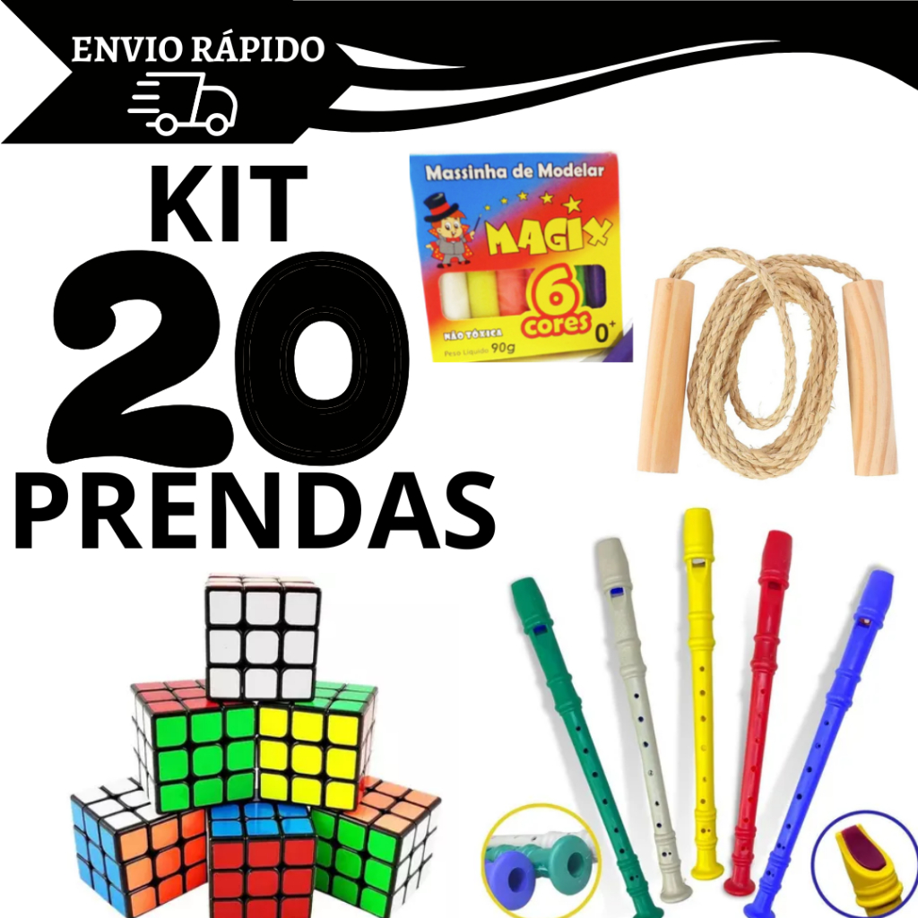 Kit 20 Brinquedos Festa Junina Lembrancinha Infantil Aniversário Massinha Corda Frauta Cubo Magico
