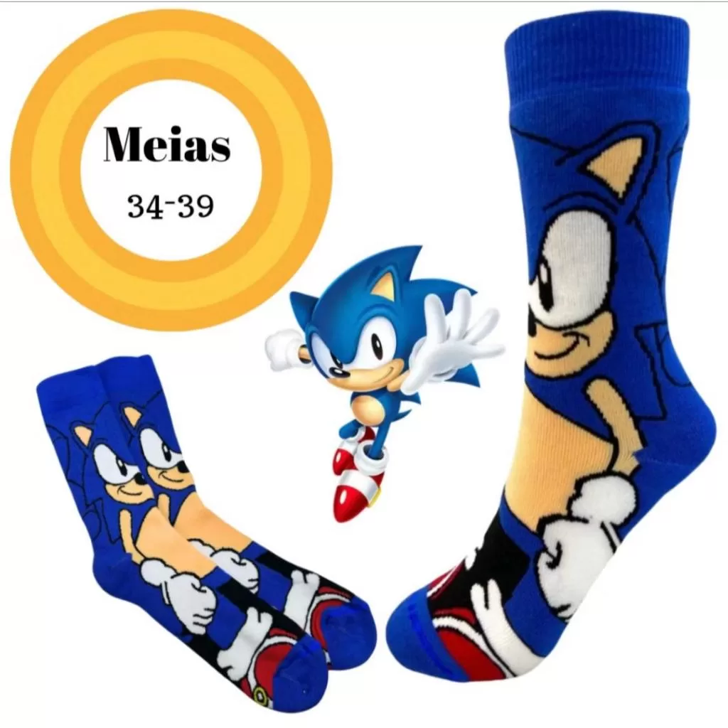 Meia Sonic Azul Gamer  Porco Espinho ouriço hedgehog Unissex Adulto  Macia  Estilosa Super Confortáv