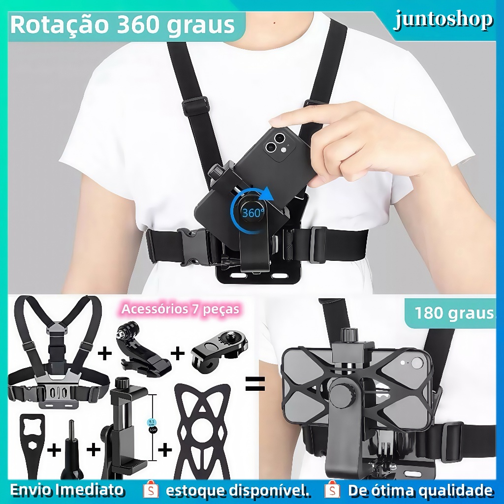 (11 kits)Suporte de Peito Para Celular e Gopro Peitoral Peito ajustável Câmera Esportivo Moto Bike