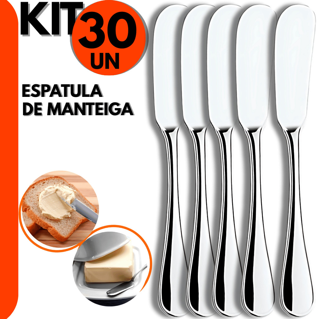 Kit 30 Pçs Espátula de Manteiga Inox Faca de Manteiga p/ Toque Premium Hotel Casa e Restaurante