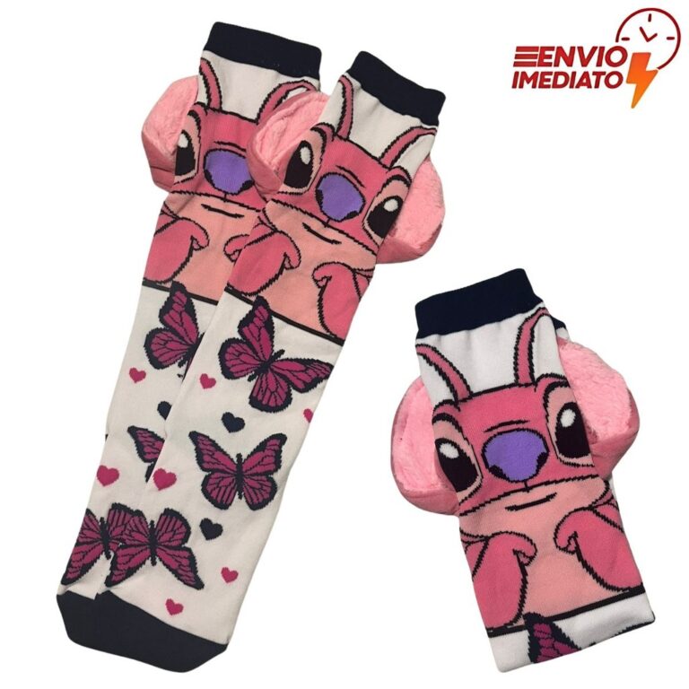 Meia Divertida 3d Cano Alto Stitch E Angel Infanti