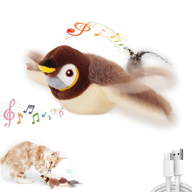 Pássaro Pardal Brinquedo Interativo Recarregável Toque Ativado De Pelúcia Gatos