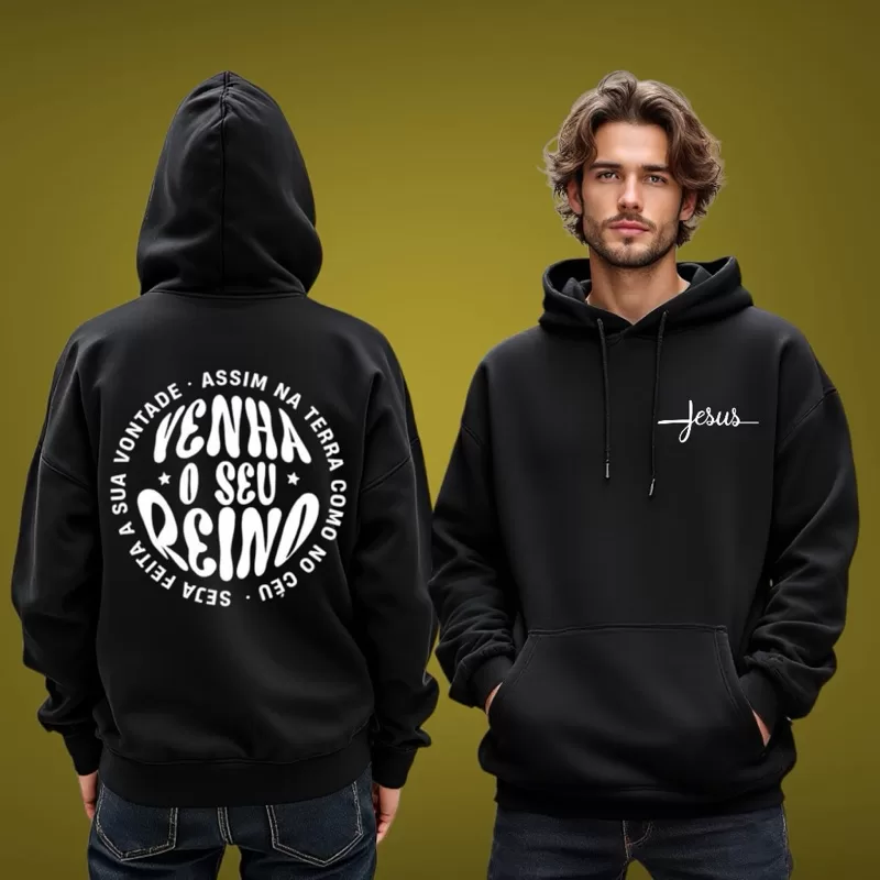 Blusa de Frio com Capuz Moletom Cristão Pai Nosso Inverno Flanelado Jesus Canguru Moda Masculina Que