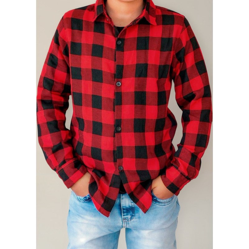 Camisa Xadrez Infantil Flanelada Manga Longa Unissex