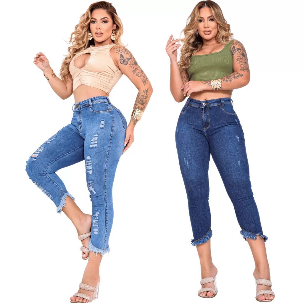 Kit 2 Calças Jeans Cigarrete Capri Tecido Premium Cintura alta Levanta bumbum Modeladora Elastano