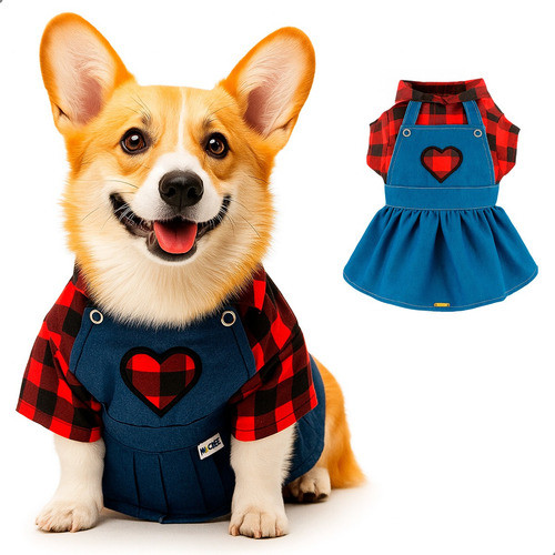 Roupa Fazendeira Pet Jeans Camisa Xadrez Coração
