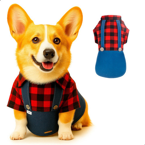 Roupa Fazendeiro Pet Jeans Xadrez Vermelho Pp A Gg