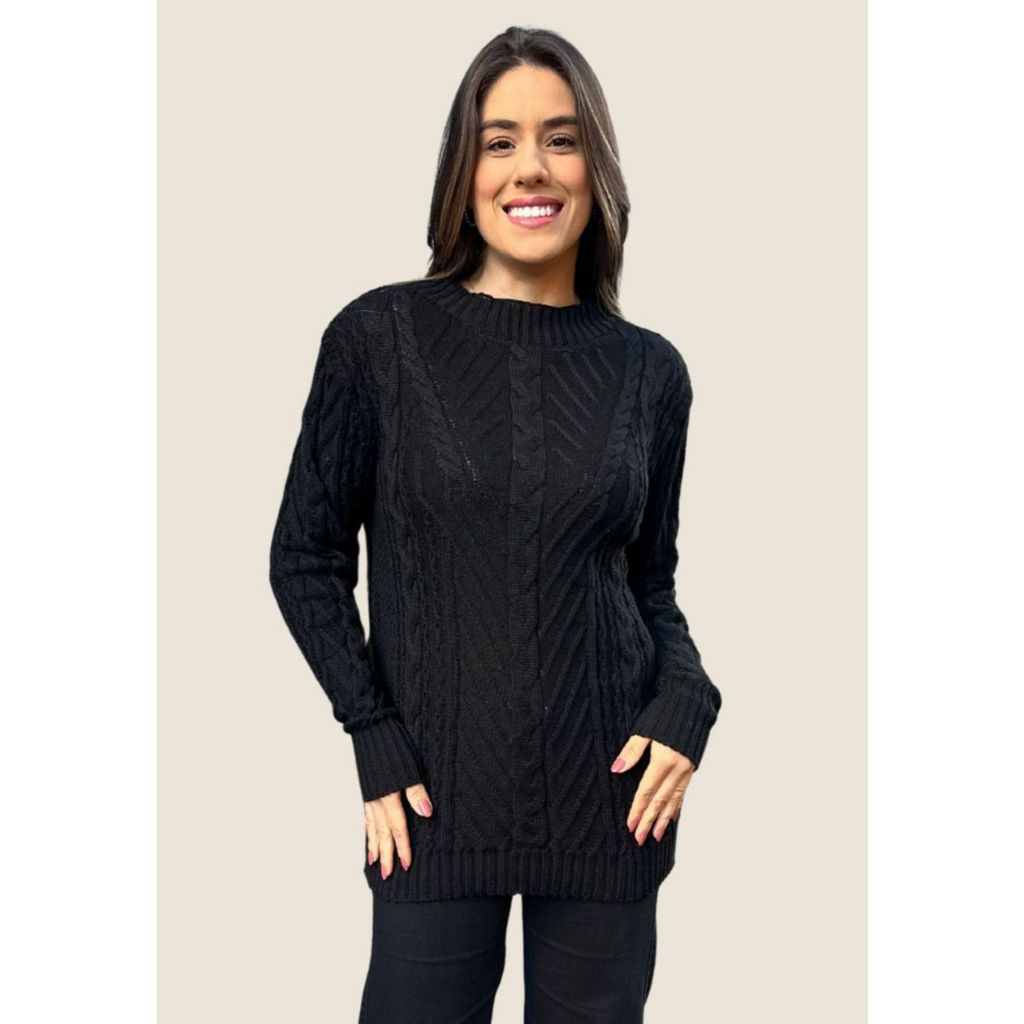 Blusa Longa de Tricot com Detalhes Trançados Alto Relevo Nagai